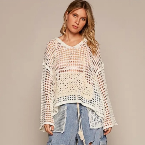 NWT- POL V-neck long sleeve crochet front pockets hoodie sweater - Picture 4 of 7